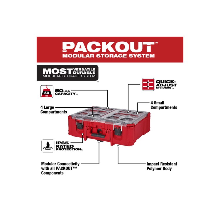 Milwaukee 48-22-8432 Packout Deep Organizer Toolbox, 50 Lb. Capacity 